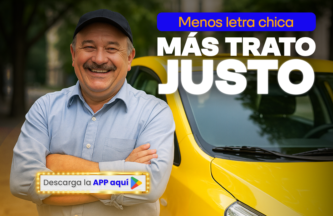 alt="Taxista sonriente junto a su taxi amarillo representando la promesa de trato justo de Credimovil, sin letra chica."