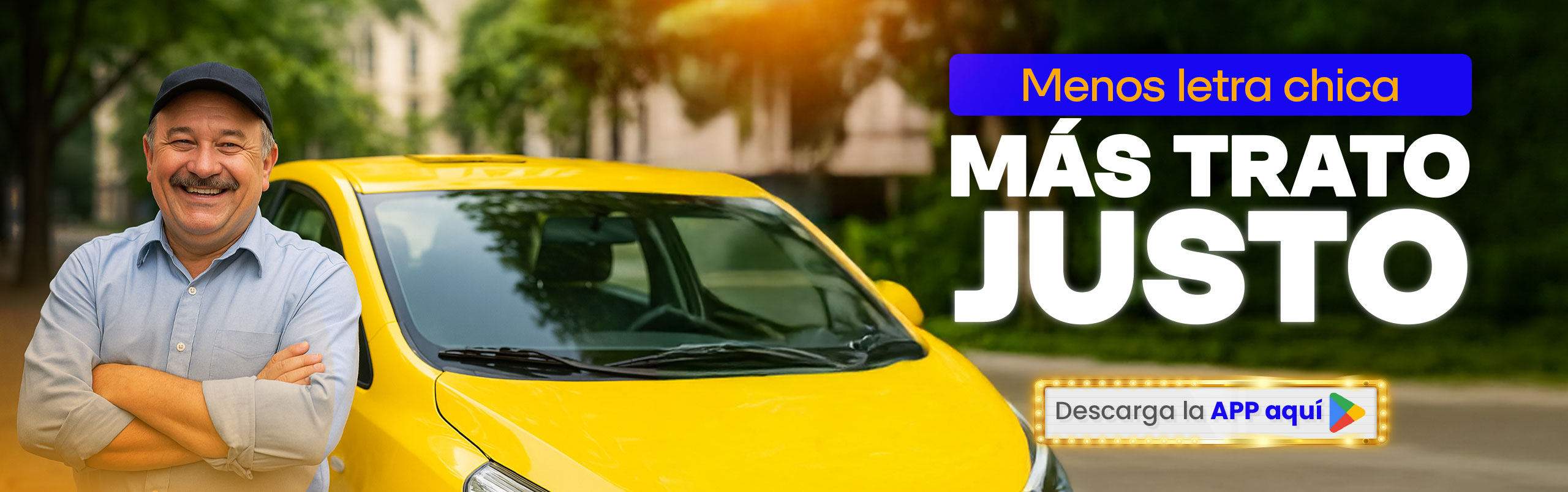 alt="Taxista GNV sonriente frente a su taxi amarillo con la frase más trato justo de Credimovil. Beneficios sin letra chica."
