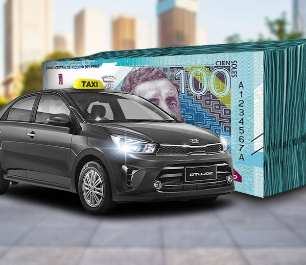 Taxi valorizado respaldado por dinero, representando los préstamos inmediatos de Credimovil para taxistas GNV.