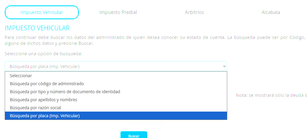 Opciones de búsqueda para impuesto vehicular en la plataforma del SAT